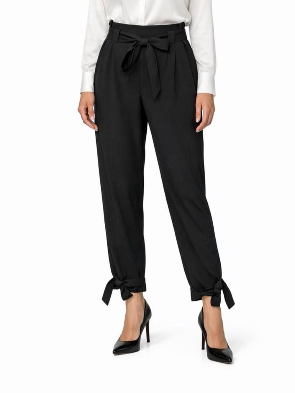 Grace Karin Paper Bag Waist Pants Medium Black Tie Front Crop Ankle Bow Knot